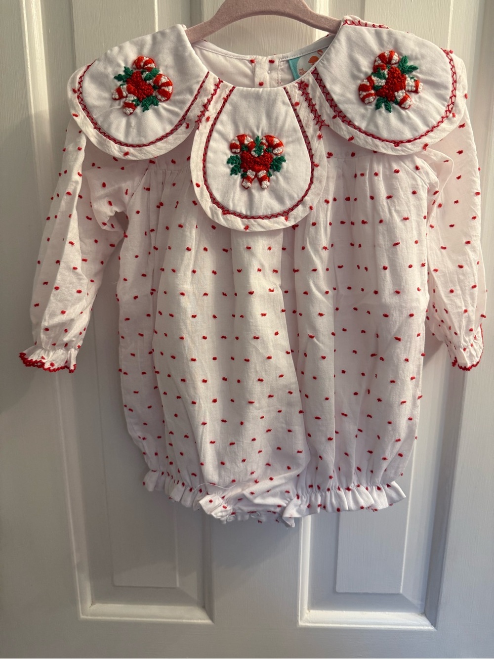 Smocked Flamingo Baby Girl Christmas Candy Cane Bubble Romper 18M